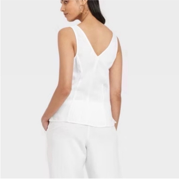 a new day White Linen Tie-Front V-Neck Tank Top size M Summer Spring - Picture 2 of 3